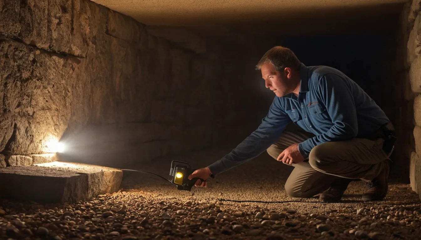 Provider checking a basement stone foundation for pest entry points